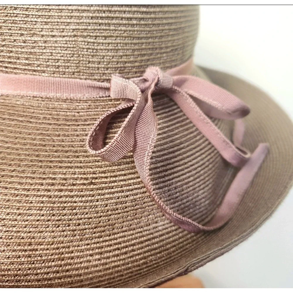Vintage Eric Javits Squishee‎ Packable Straw Hat Brown Pink Bow - Picture 4 of 7